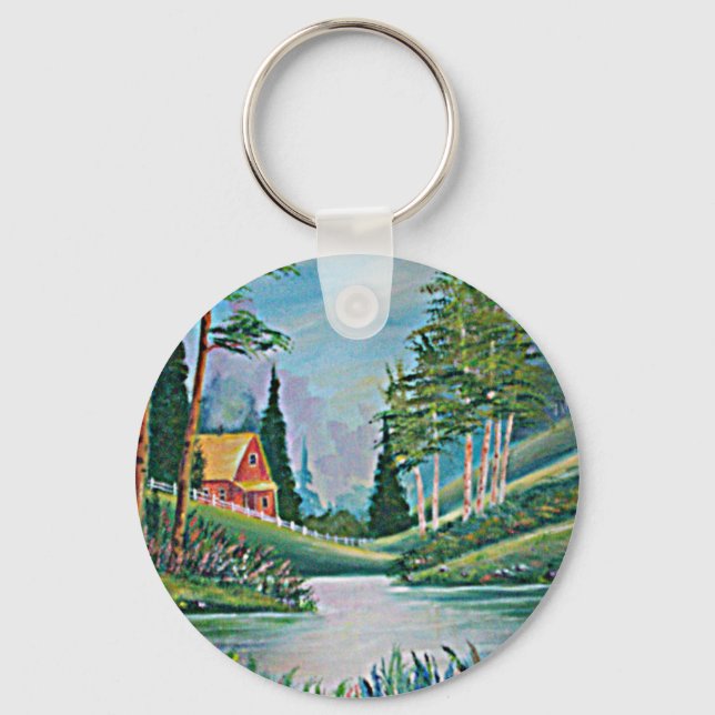 Cabin by the Stream Oil Painting Key Ring (Front)