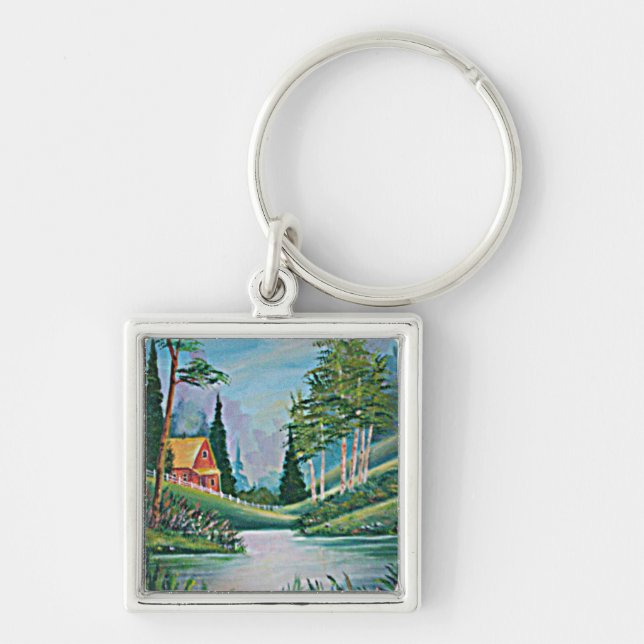 Cabin by the Stream Oil Painting Key Ring (Front)