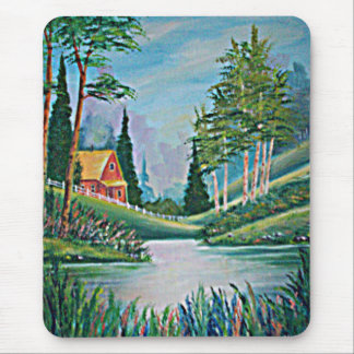 Cabin by the Stream Oil Painting Mouse Mat