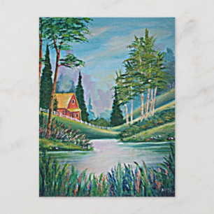 Cabin by the Stream Oil Painting Postcard