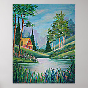 Cabin by the Stream Oil Painting Poster