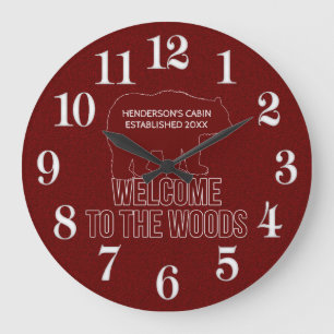 Cabin Established Date Woodland Bear in Red Large Clock