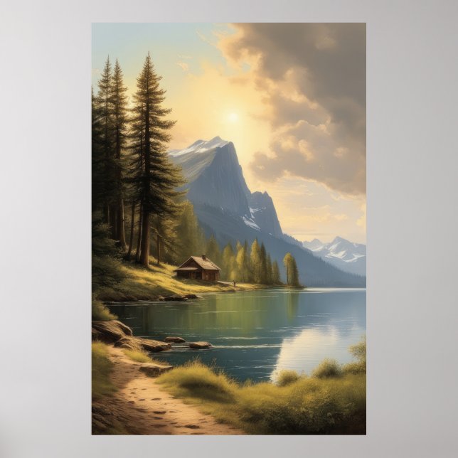 cabin facing a lake near the mountains poster (Front)