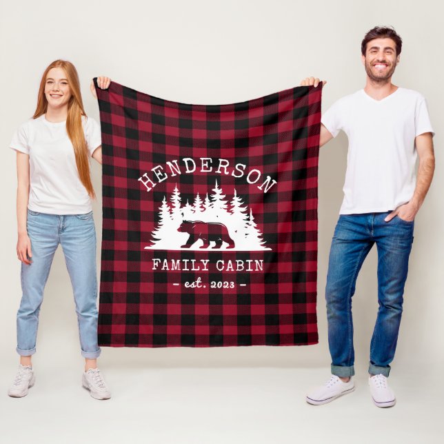 Cabin Family Bear Pine Red Plaid  Fleece Blanket (In Situ)
