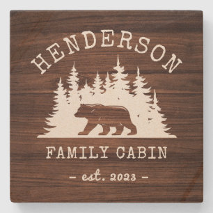 Cabin Family Bear Pine Woods Stone Coaster