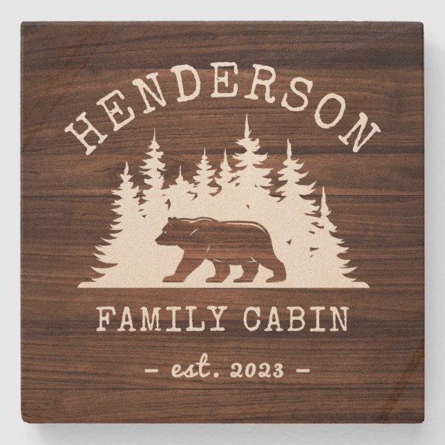 Cabin Family Bear Pine Woods Stone Coaster (Front)