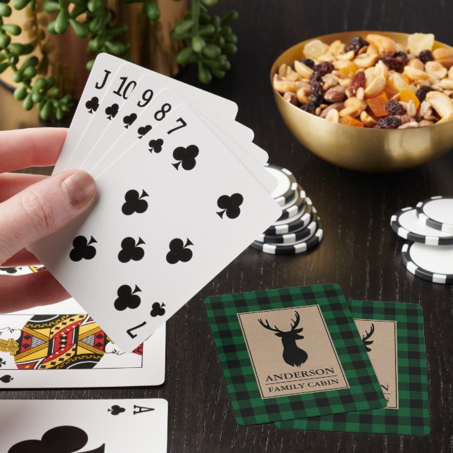 Cabin Family Name Deer Kraft Green Buffalo Plaid Playing Cards (In Situ)