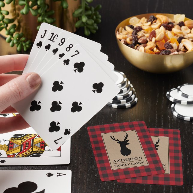 Cabin Family Name Deer Kraft Red Buffalo Plaid Playing Cards (In Situ)