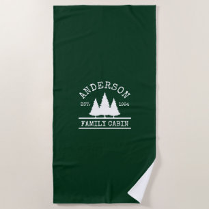 Cabin Family Name Forest Green Beach Towel