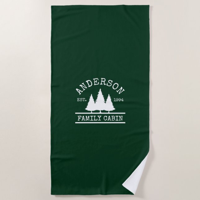 Cabin Family Name Forest Green Beach Towel (Front)