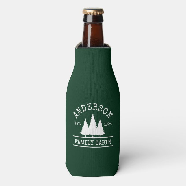Cabin Family Name Forest Green Bottle Cooler (Bottle Front)
