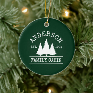 Cabin Family Name Forest Green Ceramic Tree Decoration