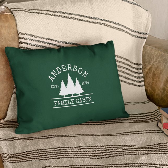 Cabin Family Name Forest Green Decorative Cushion (Customize to change text size or text style.)