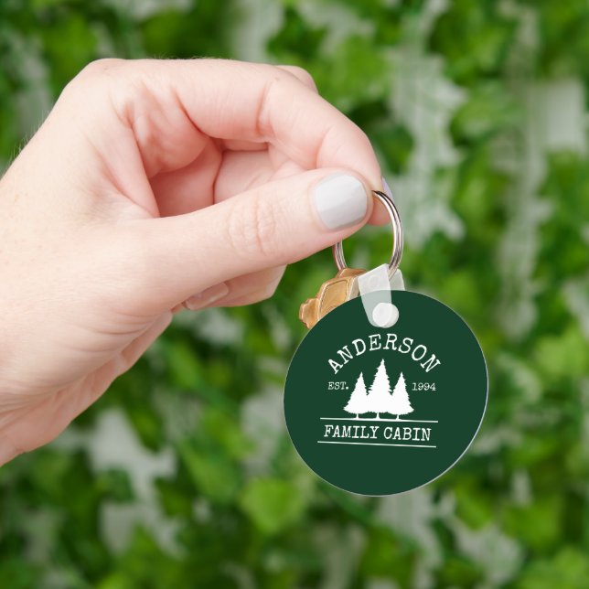 Cabin Family Name Forest Green Key Ring (Hand)
