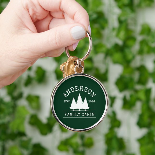 Cabin Family Name Forest Green Round Key Ring (Hand)