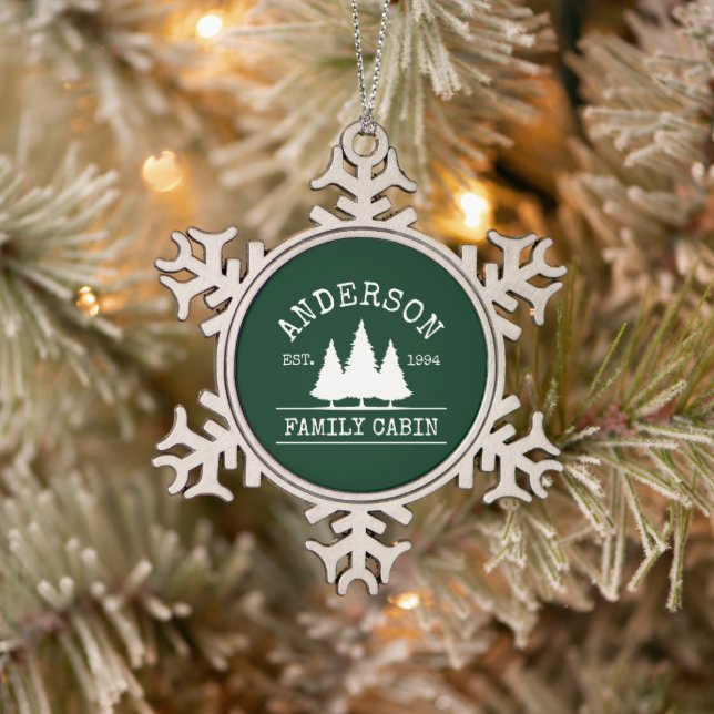 Cabin Family Name Forest Green Snowflake Pewter Christmas Ornament (Tree)