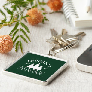 Cabin Family Name Forest Green Square Key Ring