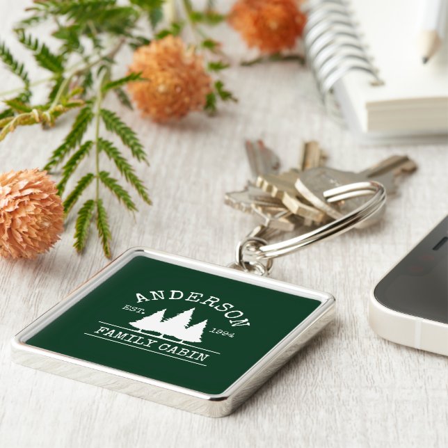Cabin Family Name Forest Green Square Key Ring (Side)