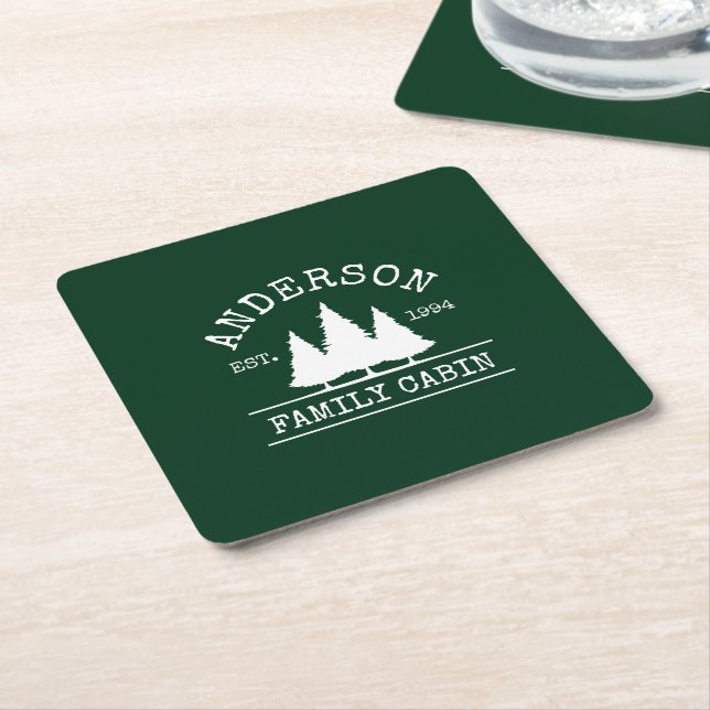 Cabin Family Name Forest Green Square Paper Coaster (Angled)