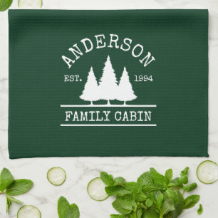 Cabin Family Name Forest Green Tea Towel
