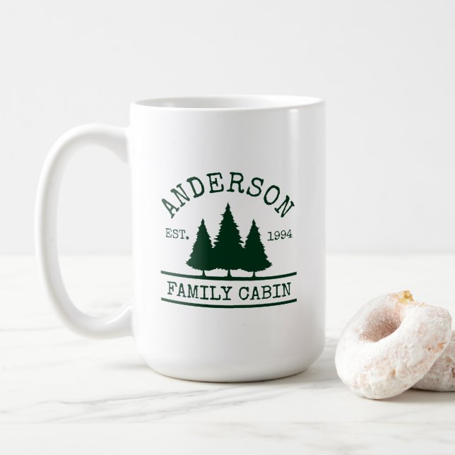 Cabin Family Name Green Pine Trees Coffee Mug (With Donut)