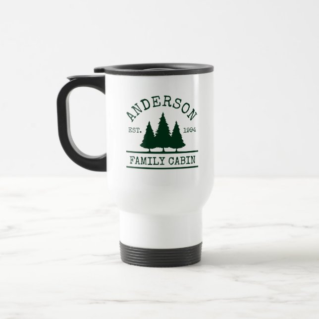 Cabin Family Name Green Pine Trees Travel Mug (Left)