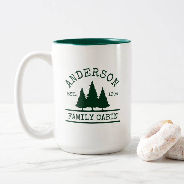 Cabin Family Name Pine Trees Green Two-Tone Coffee Mug (With Donut)