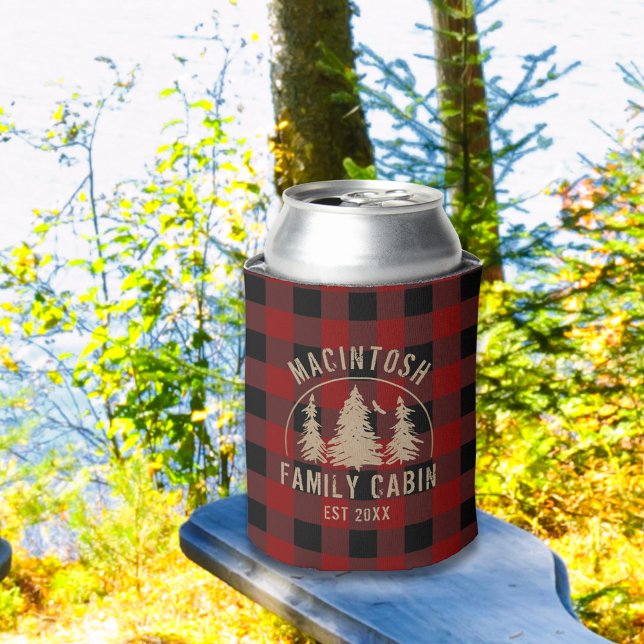 Cabin Family Name Red Black Buffalo Check Plaid Can Cooler (Creator Uploaded)
