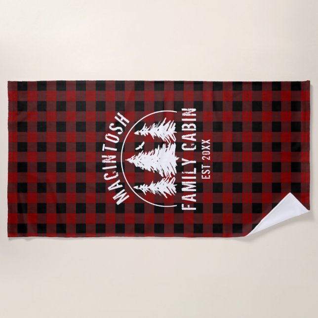 Cabin Family Name Red Black Buffalo Plaid Beach Towel (Front)