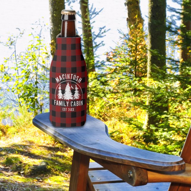 Cabin Family Name Red Black Buffalo Plaid Bottle Cooler (Creator Uploaded)