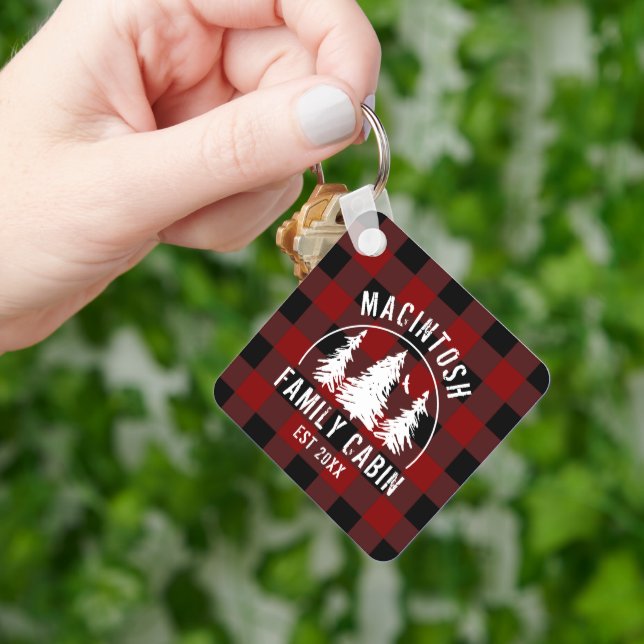Cabin Family Name Red Black Buffalo Plaid Key Ring (Hand)