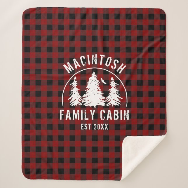 Cabin Family Name Red Black Buffalo Plaid Sherpa Blanket (Front)
