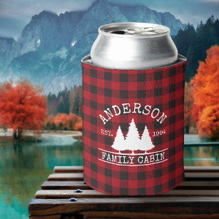 Cabin Family Name Red Buffalo Plaid Can Cooler