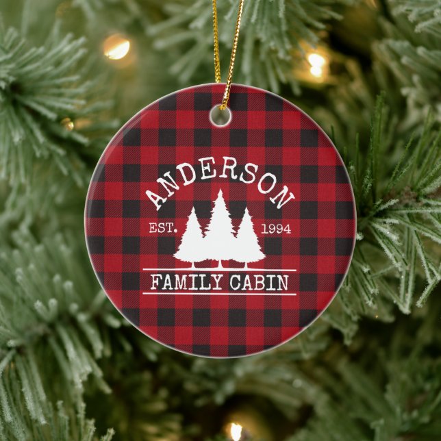 Cabin Family Name Red Buffalo Plaid Ceramic Tree Decoration (Tree)