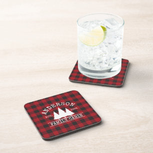 Cabin Family Name Red Buffalo Plaid Coaster
