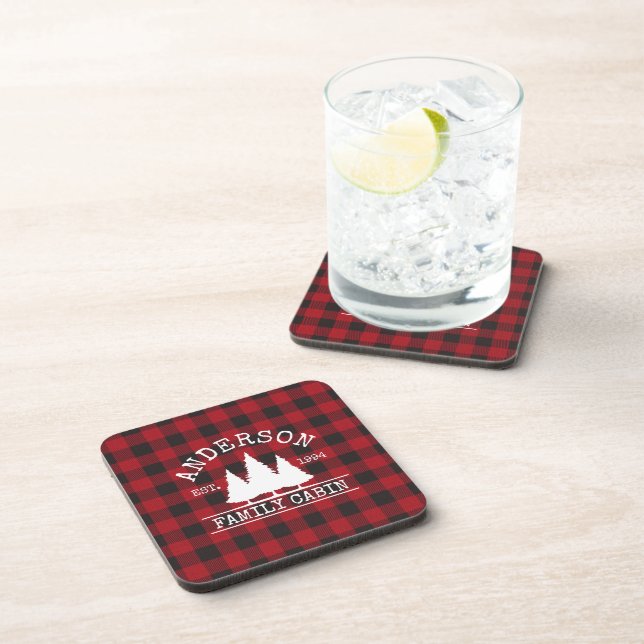 Cabin Family Name Red Buffalo Plaid Coaster (Right Side)