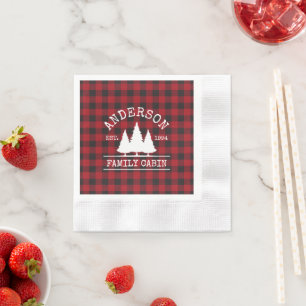 Cabin Family Name Red Buffalo Plaid Cocktail Napkin