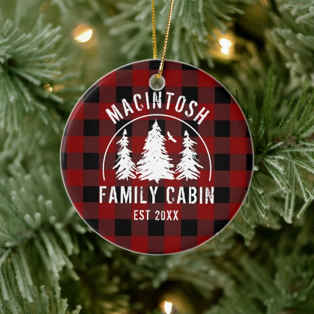 Cabin Family Name Red Buffalo Plaid Commemorative Ceramic Tree Decoration (Tree)