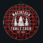 Cabin Family Name Red Buffalo Plaid Dartboard<br><div class="desc">Create a personalised dartboard featuring rustic red and black buffalo check plaid and an image of forest pine trees in the woods with your custom text in white (shown with NAME FAMILY CABIN and year established date). All text is editable. Ideal for a family cabin, mountain lodge, lake house or...</div>