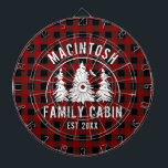 Cabin Family Name Red Buffalo Plaid Dartboard<br><div class="desc">Create a personalised dartboard featuring rustic red and black buffalo check plaid and an image of forest pine trees in the woods with your custom text in white (shown with NAME FAMILY CABIN and year established date). All text is editable. Ideal for a family cabin, mountain lodge, lake house or...</div>