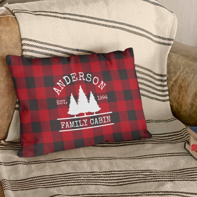Cabin Family Name Red Buffalo Plaid Decorative Cushion (Customize to change text size or text style.)