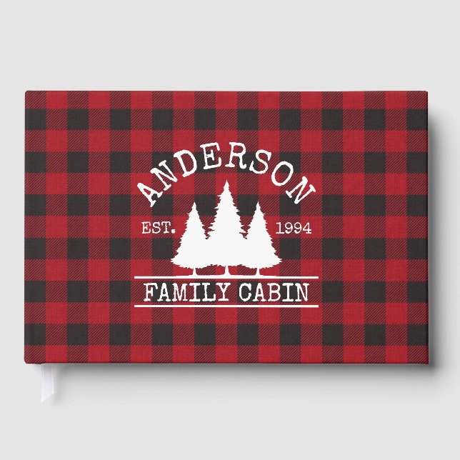 Cabin Family Name Red Buffalo Plaid Guest Book (Front)