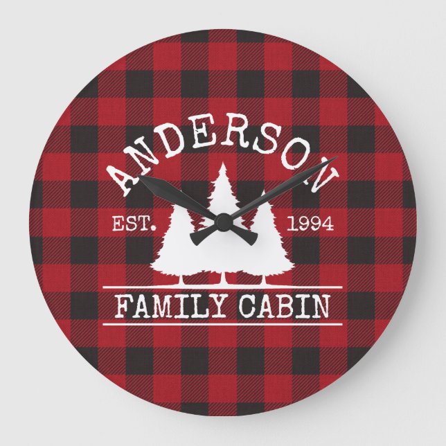 Cabin Family Name Red Buffalo Plaid Large Clock (Front)