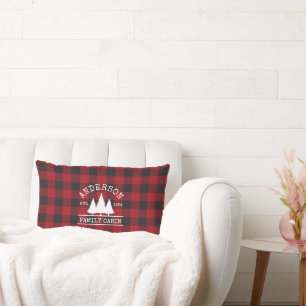 Cabin Family Name Red Buffalo Plaid Lumbar Cushion