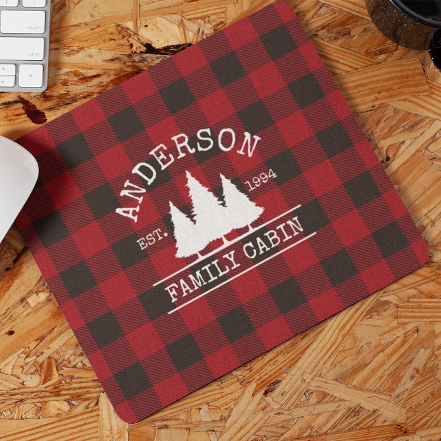 Cabin Family Name Red Buffalo Plaid Mouse Mat (Customize to change text size or text style.)