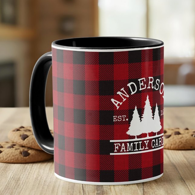 Cabin Family Name Red Buffalo Plaid Mug (Customize to change text size or text style.)