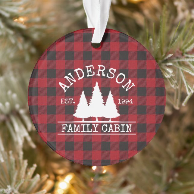 Cabin Family Name Red Buffalo Plaid Ornament (Tree)