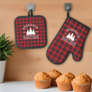 Cabin Family Name Red Buffalo Plaid Oven Mitt & Pot Holder Set