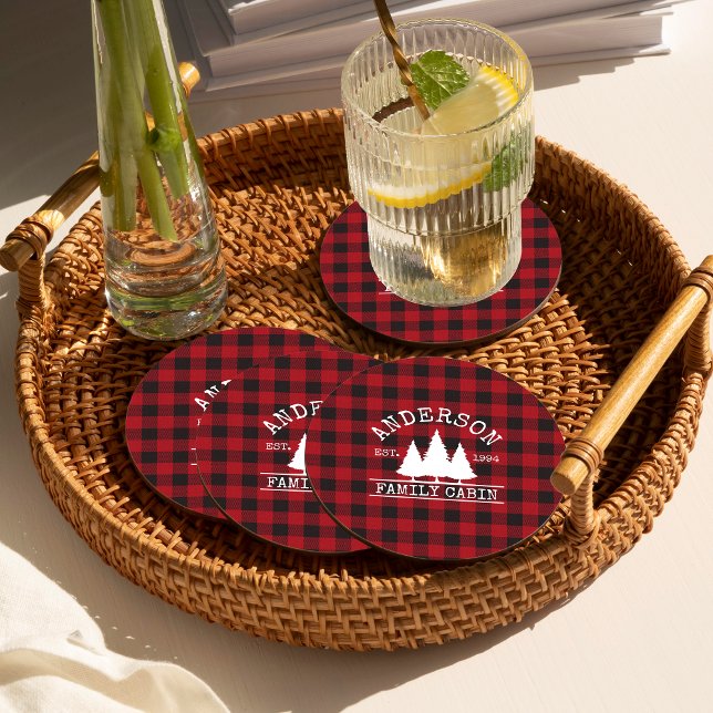 Cabin Family Name Red Buffalo Plaid Round Paper Coaster (Customize to change text size or text style.)
