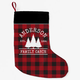 Cabin Family Name Red Buffalo Plaid Small Christmas Stocking